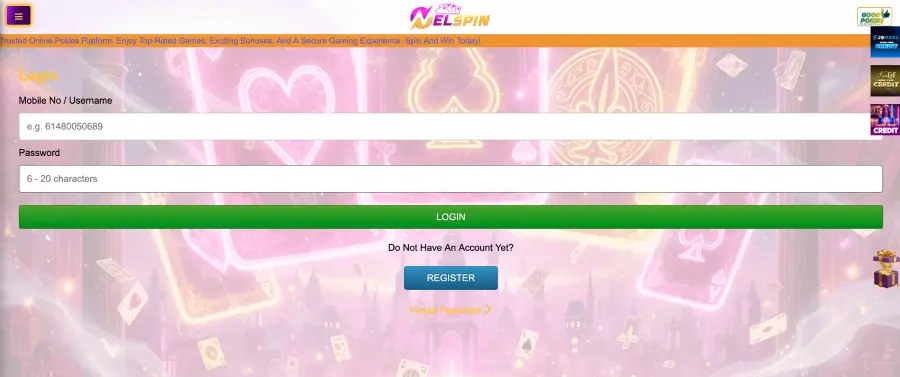 Nelspin casino login screen with mobile number and password form